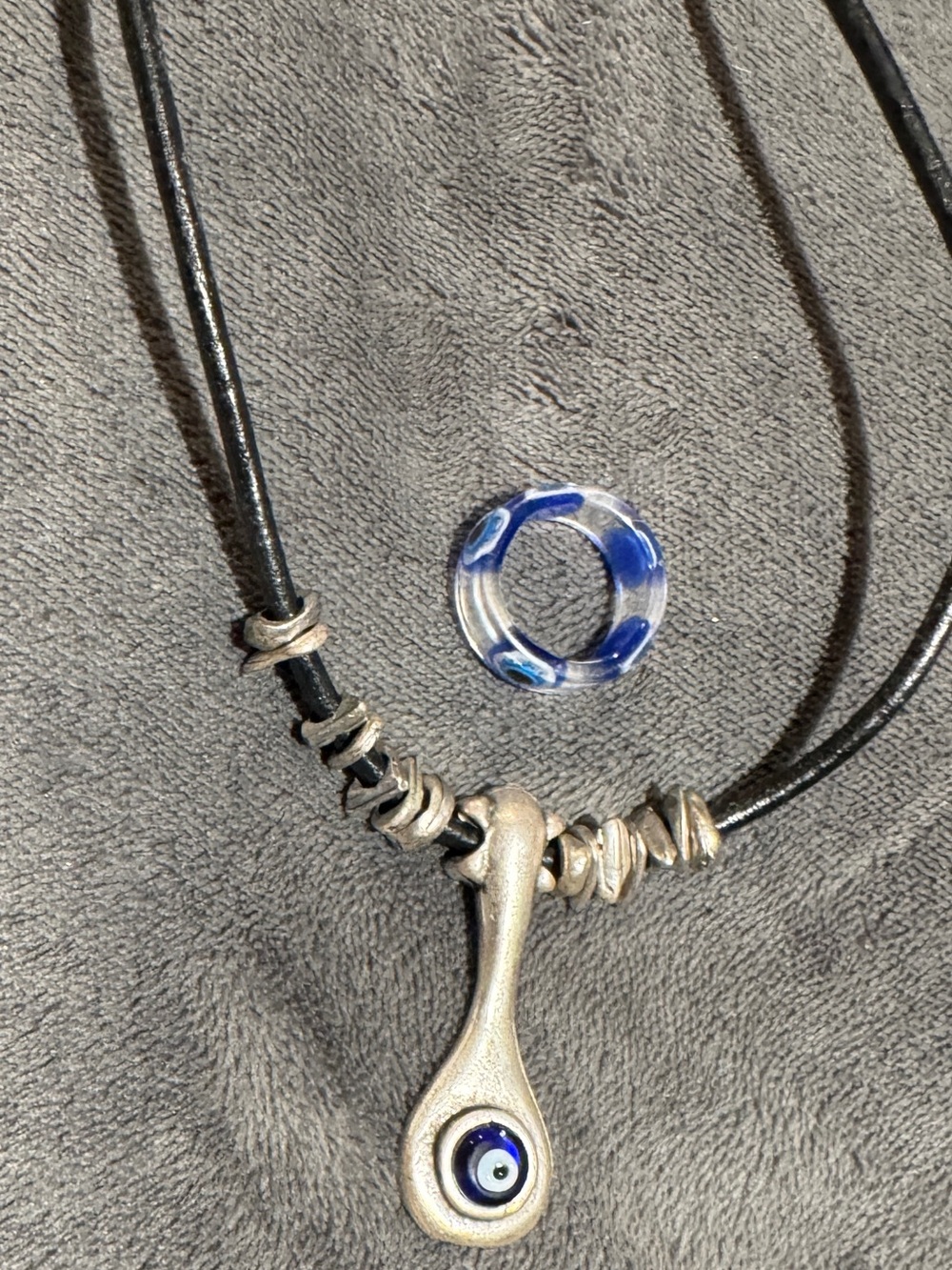 Handmade Black Leather Necklace with Blue Evil Eye 🧿 Pendant Plus Evil Eye Ring